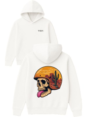Vsrn Çöl Iskelet Kasklı Tasarım Baskılı Oversize Beyaz Kapüşonlu Sweatshirt