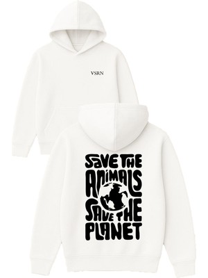 Vsrn Save The Animal Tasarım Baskılı Oversize Beyaz Kapüşonlu Sweatshirt