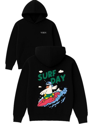 Vsrn Surf Day Tasarım Baskılı Oversize Siyah Kapüşonlu Sweatshirt