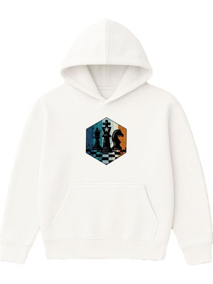 Vsrn Satranç Taşları Tasarım Baskılı Oversize Beyaz Kapüşonlu Sweatshirt