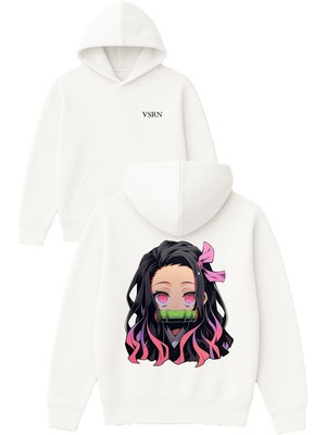 Vsrn Anime Kızı Tasarım Baskılı Oversize Beyaz Kapüşonlu Sweatshirt