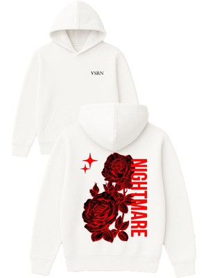 Vsrn Gül Nıght Tasarım Baskılı Oversize Beyaz Kapüşonlu Sweatshirt