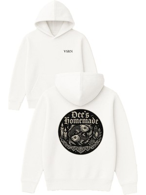 Vsrn Dees Komemade Tasarım Baskılı Oversize Beyaz Kapüşonlu Sweatshirt