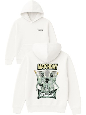 Vsrn Match Day Tasarım Baskılı Oversize Beyaz Kapüşonlu Sweatshirt