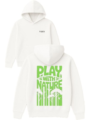 Vsrn Play Nature Tasarım Baskılı Oversize Beyaz Kapüşonlu Sweatshirt