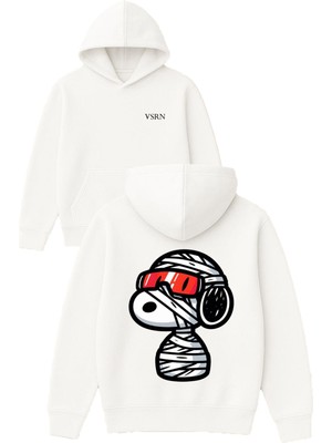 Vsrn Kırmızı Gözlüklü Köpek Tasarım Baskılı Oversize Beyaz Kapüşonlu Sweatshirt