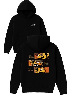 Vsrn Good Bad Uçly Tasarım Baskılı Oversize Siyah Kapüşonlu Sweatshirt