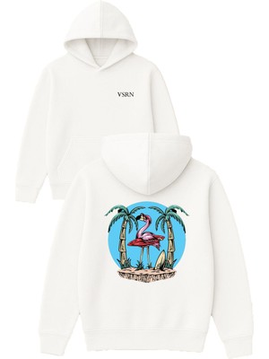 Vsrn Flamingo Tatilde Tasarım Baskılı Oversize Beyaz Kapüşonlu Sweatshirt