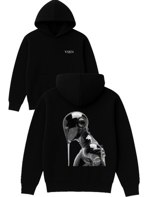 Vsrn Insansı Robot Tasarım Baskılı Oversize Siyah Kapüşonlu Sweatshirt