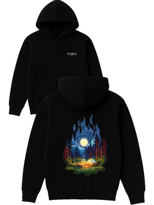 Vsrn Ateş Içinde Kamp Tasarım Baskılı Oversize Siyah Kapüşonlu Sweatshirt