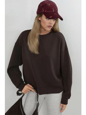 Hiccup Kadınlar BUSEM Rahat Kesim Bisiklet Yaka Modal Sweatshirt Kahve Kahvesi
