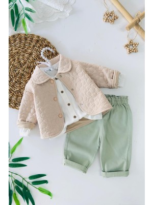 Miniğimin Cicileri Kapitone Ceketli Gömlek ve Pantolon 3 Lü Kız Takımı - Bej