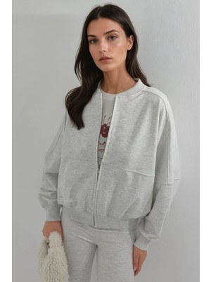 Hiccup Kadın Busem Rahat Kesim Fermuarlı Ceket Açık Gri
