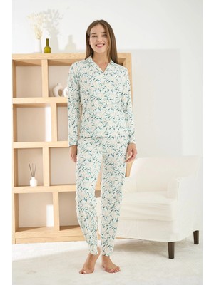 Pijamoni Kadın Berlin Kumaş Önden Düğmeli Beyaz Pijama Takımı