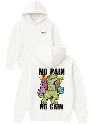 Vsrn No Paın No Gaın Tasarım Baskılı Oversize Beyaz Kapüşonlu Sweatshirt