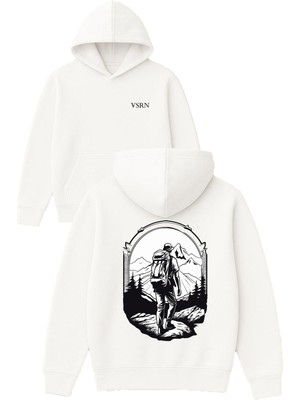 Vsrn Dağ Yürüyüşü Tasarım Baskılı Oversize Beyaz Kapüşonlu Sweatshirt
