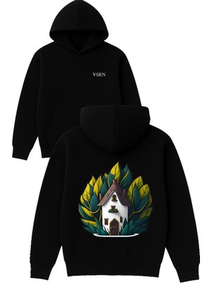 Vsrn Ağaçlı Ev Tasarım Baskılı Oversize Siyah Kapüşonlu Sweatshirt