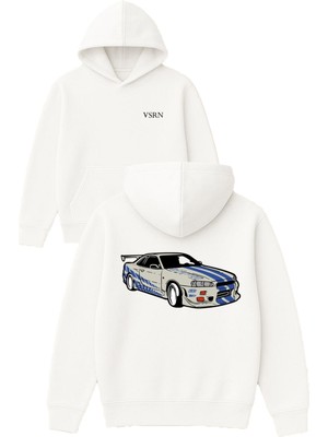 Vsrn Güzel Araba Tasarım Baskılı Oversize Beyaz Kapüşonlu Sweatshirt