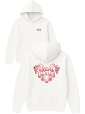 Vsrn Treat Dealer Tasarım Baskılı Oversize Beyaz Kapüşonlu Sweatshirt