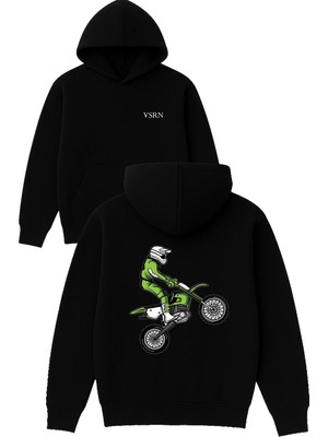 Vsrn Ön Kaldıran Yeşil Cross Tasarım Baskılı Oversize Siyah Kapüşonlu Sweatshirt