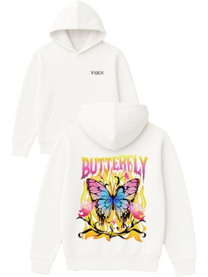 Vsrn Butterfly Tasarım Baskılı Oversize Beyaz Kapüşonlu Sweatshirt