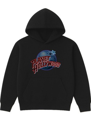 Vsrn Planet Tasarım Baskılı Oversize Siyah Kapüşonlu Sweatshirt