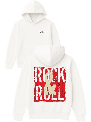 Vsrn Rock And Roll Tasarım Baskılı Oversize Beyaz Kapüşonlu Sweatshirt