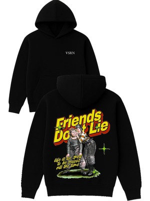 Vsrn Friends Dont Lie Tasarım Baskılı Oversize Siyah Kapüşonlu Sweatshirt