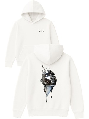 Vsrn Akan Metal Tasarım Baskılı Oversize Beyaz Kapüşonlu Sweatshirt
