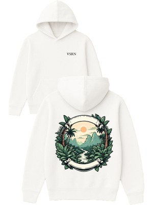 Vsrn Dağ Manzarası Tasarım Baskılı Oversize Beyaz Kapüşonlu Sweatshirt