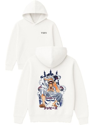 Vsrn Kral Anime Tasarım Baskılı Oversize Beyaz Kapüşonlu Sweatshirt