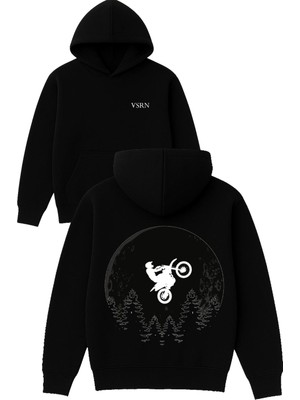 Vsrn Taklacı Motorcu Tasarım Baskılı Oversize Siyah Kapüşonlu Sweatshirt
