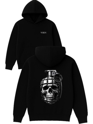 Vsrn Kurukafalı El Bombası Tasarım Baskılı Oversize Siyah Kapüşonlu Sweatshirt