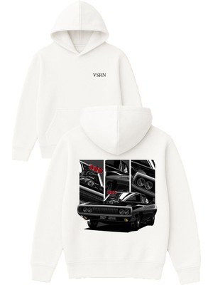 Vsrn Siyah Modifiyeli Araba Tasarım Baskılı Oversize Beyaz Kapüşonlu Sweatshirt