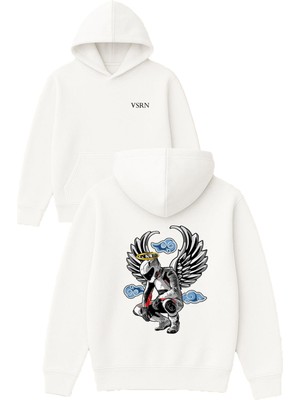 Vsrn Kanatlı Motorcu Tasarım Baskılı Oversize Beyaz Kapüşonlu Sweatshirt