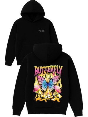 Vsrn Butterfly Tasarım Baskılı Oversize Siyah Kapüşonlu Sweatshirt