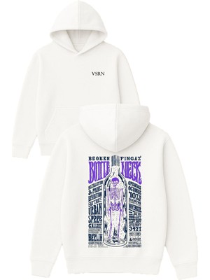 Vsrn Şişede Iskelet Tasarım Baskılı Oversize Beyaz Kapüşonlu Sweatshirt