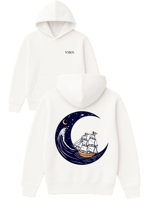 Vsrn Ayda Gemi Tasarım Baskılı Oversize Beyaz Kapüşonlu Sweatshirt