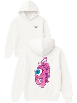 Vsrn Uzaylı Göz Tasarım Baskılı Oversize Beyaz Kapüşonlu Sweatshirt
