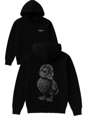 Vsrn Taş Detaylı Ördek Tasarım Baskılı Oversize Siyah Kapüşonlu Sweatshirt