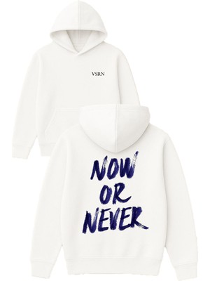 Vsrn Now Or Never Tasarım Baskılı Oversize Beyaz Kapüşonlu Sweatshirt