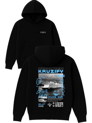 Vsrn Kruzıfy Tasarım Baskılı Oversize Siyah Kapüşonlu Sweatshirt