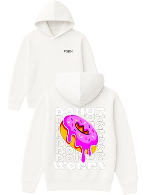 Vsrn Donut Worry Tasarım Baskılı Oversize Beyaz Kapüşonlu Sweatshirt
