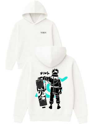 Vsrn Kum Torbası Anime Tasarım Baskılı Oversize Beyaz Kapüşonlu Sweatshirt