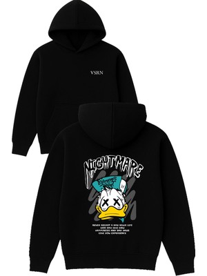 Vsrn Nıght Mare Tasarım Baskılı Oversize Siyah Kapüşonlu Sweatshirt