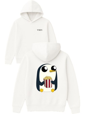 Vsrn Mısır Seven Penguen Tasarım Baskılı Oversize Beyaz Kapüşonlu Sweatshirt