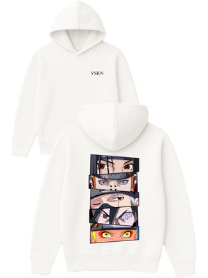 Vsrn Anime Gözleri Tasarım Baskılı Oversize Beyaz Kapüşonlu Sweatshirt
