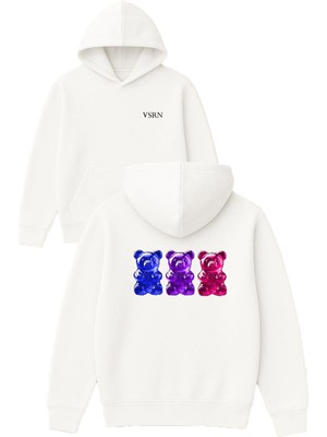 Vsrn 3 Tatlı Ayıcık Tasarım Baskılı Oversize Beyaz Kapüşonlu Sweatshirt