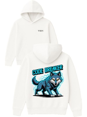 Vsrn Code Breaker Tasarım Baskılı Oversize Beyaz Kapüşonlu Sweatshirt