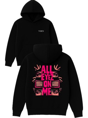 Vsrn All Eyez On Tasarım Baskılı Oversize Siyah Kapüşonlu Sweatshirt